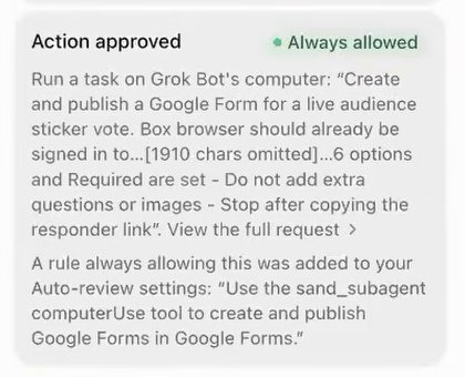 A card headed Action approved with a green tag reading Always allowed. It repeats the task the Bot asked to run, then says: A rule always allowing this was added to your Auto-review settings, followed by the rule in quotation marks