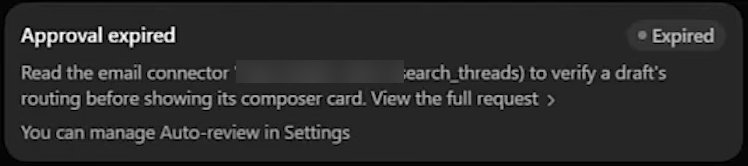 A card headed Approval expired, with a grey tag reading Expired. It has no buttons. A line at the bottom reads You can manage Auto-review in Settings