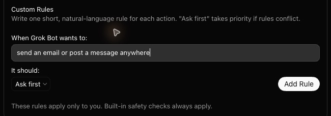 The Custom Rules form filled in. The text box reads send an email or post a message anywhere, the It should menu reads Ask first, and the Add Rule button is now white