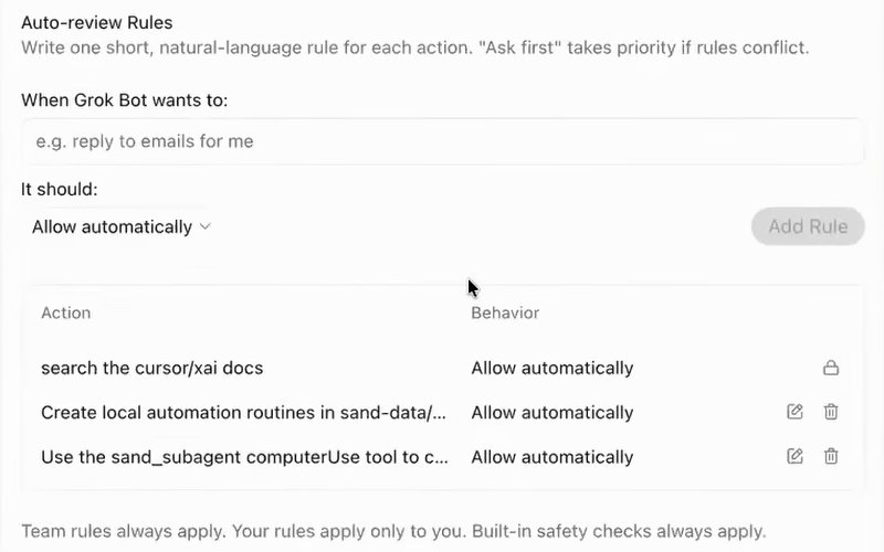 The rules form with a list of three rules under it, in two columns, Action and Behavior. Each row reads Allow automatically. The first row ends in a padlock. The other two end in a pencil icon and a bin icon. The heading over the form reads Auto-review Rules