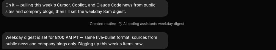 A Bot's reply, then a centred line that reads Created routine with a chip beside it holding a clock and the routine's name, then a second reply that says the weekday digest is set for 8:00 AM
