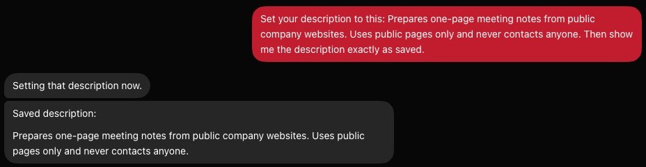 A sent message that starts Set your description to this, then two replies from the Bot. The first says Setting that description now. The second starts Saved description and repeats the text of the message