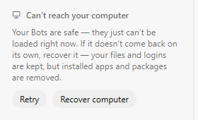 A notice at the top of an empty sidebar, titled Can’t reach your computer. Four lines of small text sit under the title, then two buttons: Retry and Recover computer