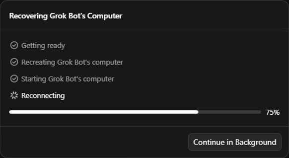 A window titled Recovering Grok Bot's Computer. Four steps: Getting ready, Recreating Grok Bot's computer and Starting Grok Bot's computer are ticked, and Reconnecting is in progress. A bar reads 75%. One button: Continue in Background