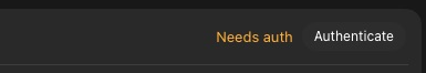 The right end of an account row on a plugin's page. It reads Needs auth in orange, with an Authenticate button beside it