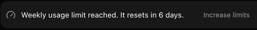 A dark banner with a gauge icon that reads Weekly usage limit reached. It resets in 6 days. An Increase limits button sits to its right