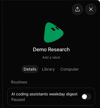 The details panel for a Bot called Demo Research: its picture, its name, Add a label, the tabs Details, Library and Computer, and one routine listed under Routines with a switch