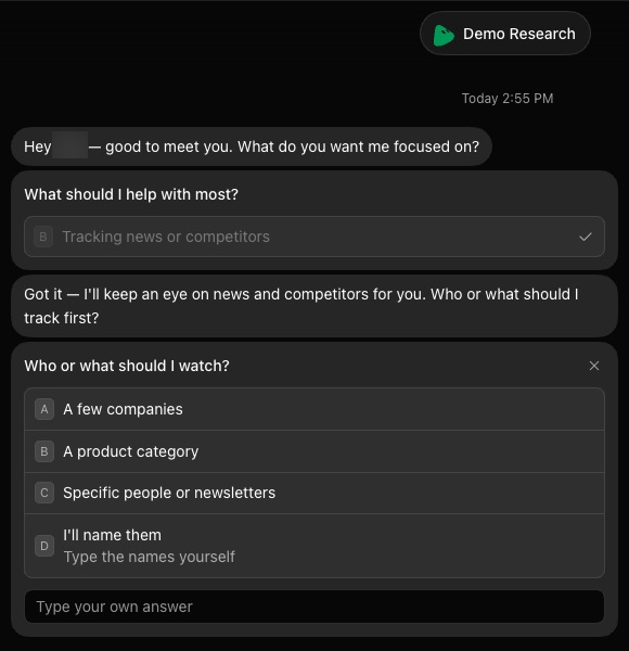 A new Bot's chat: a greeting, a question card that has been answered and folded to one line with a tick, the Bot's reply, and a second card with four lettered answers and a Type your own answer field