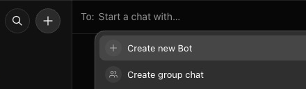 The top of the Grok Bot sidebar, with a search button and a plus button, and beside it a To field whose list starts with Create new Bot and Create group chat