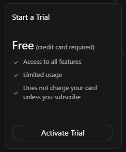 The Start a Trial column of the Get Started with Grok Bot screen. It reads Free, credit card required, then three ticked lines: Access to all features, Limited usage, and Does not charge your card unless you subscribe. At the foot is an Activate Trial button
