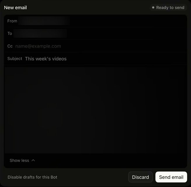 A card in a chat headed New email, tagged Ready to send. It has From, To, Cc and Subject rows, then the body of the email, which is blurred. Along the bottom: a link that reads Disable drafts for this Bot, then a Discard button and a Send email button