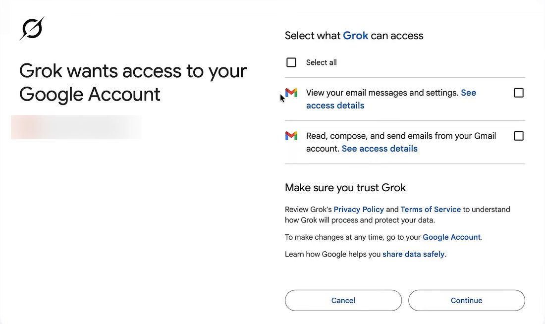 Google's permission page. On the left: Grok wants access to your Google Account. On the right, under Select what Grok can access: a Select all box, then two unticked permissions, View your email messages and settings, and Read, compose, and send emails from your Gmail account. Cancel and Continue buttons at the bottom