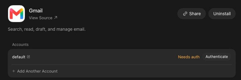 The page for the Gmail plugin. Its description reads Search, read, draft, and manage email. Under Accounts, one row named default reads Needs auth in orange with an Authenticate button, and below it a line reads Add Another Account