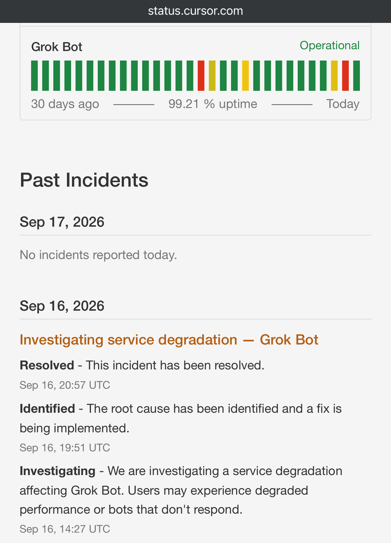 The status.cursor.com page in a phone browser. A row named Grok Bot reads Operational in green, over a strip of daily bars, most green and a few red or yellow. Under the heading Past Incidents, the entry for Sep 16, 2026 is titled Investigating service degradation, Grok Bot, with three updates: Resolved at 20:57 UTC, Identified at 19:51 UTC and Investigating at 14:27 UTC