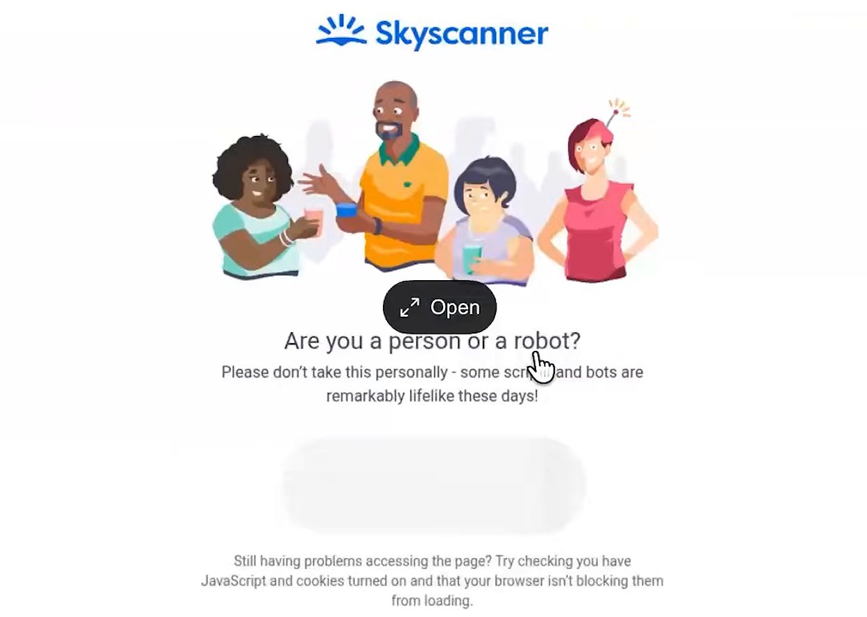 A web page inside the tile that shows a Bot's screen. The page asks Are you a person or a robot? under a drawing of four people, with a press and hold button below. An Open button sits over the middle of the tile