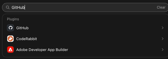 The search box of the Connect Apps window with GitHub typed in. A list under it, headed Plugins, shows GitHub, CodeRabbit and Adobe Developer App Builder