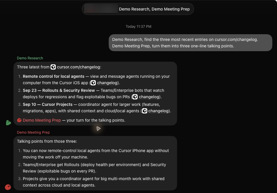 A group chat with two Bots. At the top, a title that begins with a blurred name and then reads Demo Research, Demo Meeting Prep. One dark message on the right gives each Bot a job. Under it, a reply from Demo Research in green that ends by naming Demo Meeting Prep, then a reply from Demo Meeting Prep in red. Each Bot's picture sits beside the foot of its reply