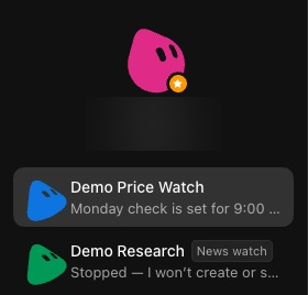 The top of the Grok Bot sidebar. A large pink Bot picture with a small orange star on its corner sits above the list, with its name blurred. Under it are two rows, Demo Price Watch and Demo Research