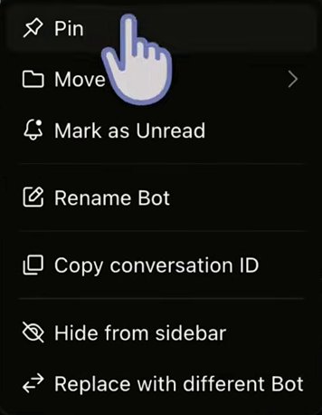 The right-click menu of a Main Bot: Pin, Move to, Mark as Unread, Rename Bot, Copy conversation ID, Hide from sidebar and, at the bottom, Replace with different Bot