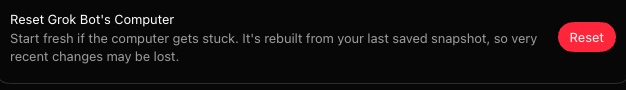 The row Reset Grok Bot's Computer on the Updates page. Its text reads Start fresh if the computer gets stuck. It's rebuilt from your last saved snapshot, so very recent changes may be lost. A red Reset button sits at the right