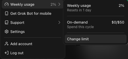The account menu with Weekly usage at 2 percent at the top, then Get Grok Bot for mobile, Support, Settings, Add account and Log out. A panel beside it shows Weekly usage, Resets in 1 day, 2 percent, then On-demand, Spend this cycle, 0 of 50 dollars, and Change limit