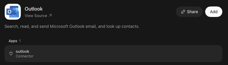 The top of the Outlook plugin's page in Connect Apps. Beside the Outlook logo are a View Source link, a Share button and an Add button. The description reads Search, read, and send Microsoft Outlook email, and look up contacts. Under Apps, one row reads outlook, Connector