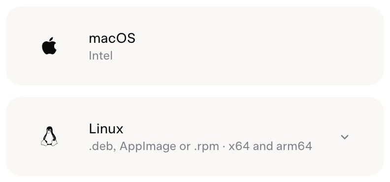 Two rows of the More downloads list on the Grok Bot download page. The first reads macOS, Intel. The second reads Linux: .deb, AppImage or .rpm, x64 and arm64