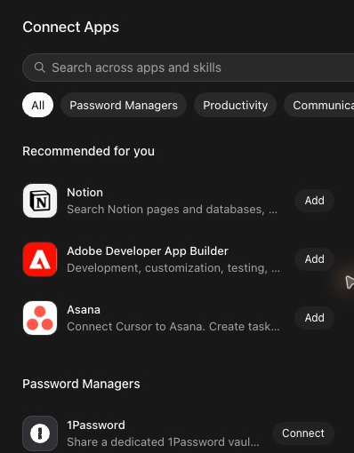 The left half of the Connect Apps window: a search box that reads Search across apps and skills, a row of category chips that starts All, Password Managers, Productivity, and under Recommended for you three plugins, each with an Add button. Below them, 1Password with a Connect button