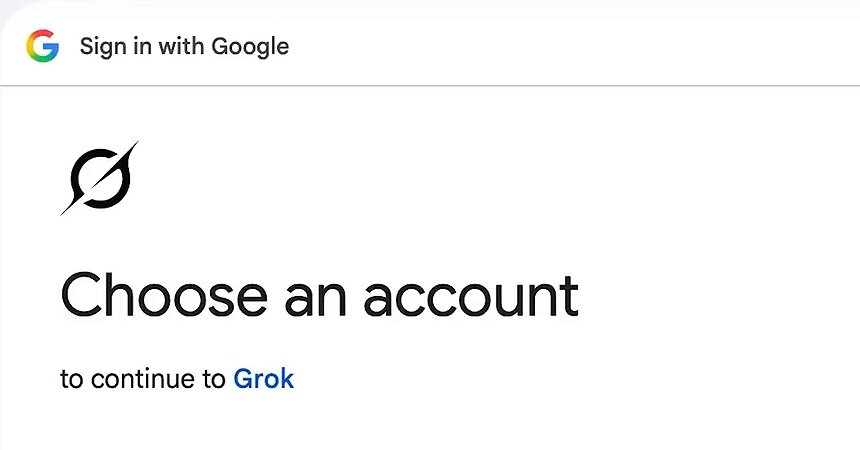 The left half of a Google sign-in page. Under the heading Choose an account it reads: to continue to Grok