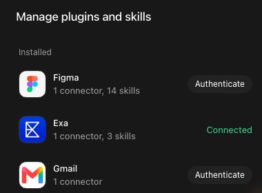 The Installed list on the Manage plugins and skills page. Three plugins, each with a line such as 1 connector, 3 skills. Two have an Authenticate button and one reads Connected in green
