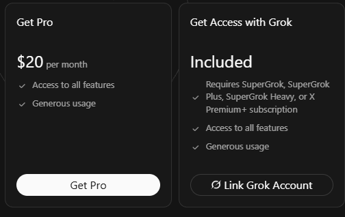 The right half of the Get Started with Grok Bot screen. Two columns: Get Pro at $20 per month with a Get Pro button, and Get Access with Grok, marked Included, with a Link Grok Account button