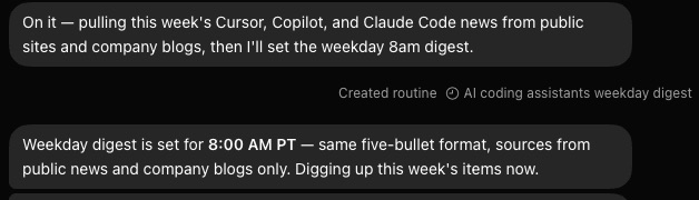 The Bot's reply, then a grey line that reads Created routine beside a chip with a clock icon and the name AI coding assistants weekday digest
