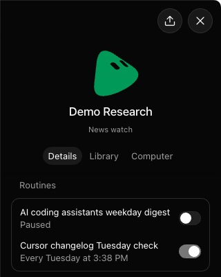 The details panel for a Bot called Demo Research, with the tabs Details, Library and Computer. Under Routines, two rows: one reads Paused with its switch off, the other reads Every Tuesday at 3:38 PM with its switch on