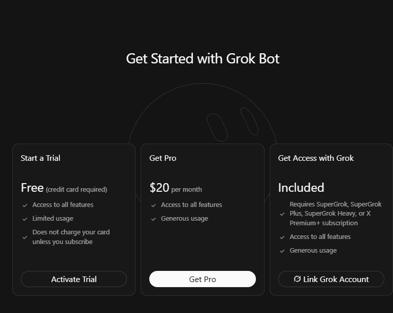 The Get Started with Grok Bot screen with three columns: Start a Trial with an Activate Trial button, Get Pro at $20 per month with a Get Pro button, and Get Access with Grok, marked Included, with a Link Grok Account button