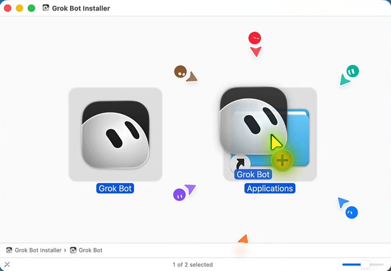 A Mac window titled Grok Bot Installer with two icons, Grok Bot on the left and the Applications folder on the right. The Grok Bot icon is being dragged onto Applications