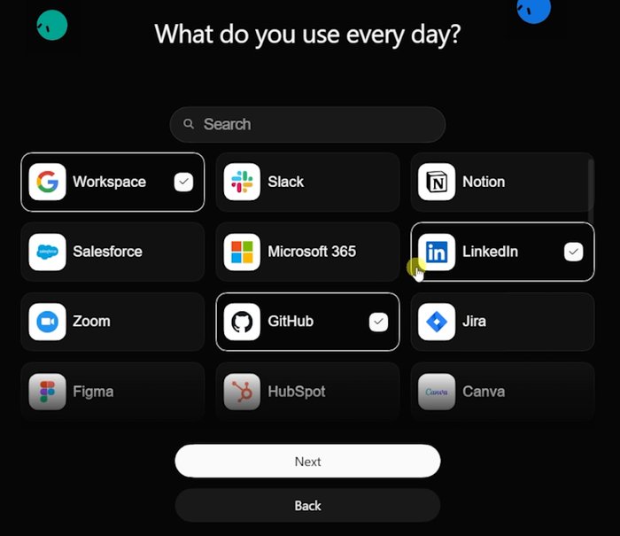 The intro screen What do you use every day? A search box, a grid of twelve apps from Workspace and Slack to HubSpot and Canva, three of them ticked, and two buttons, Next and Back