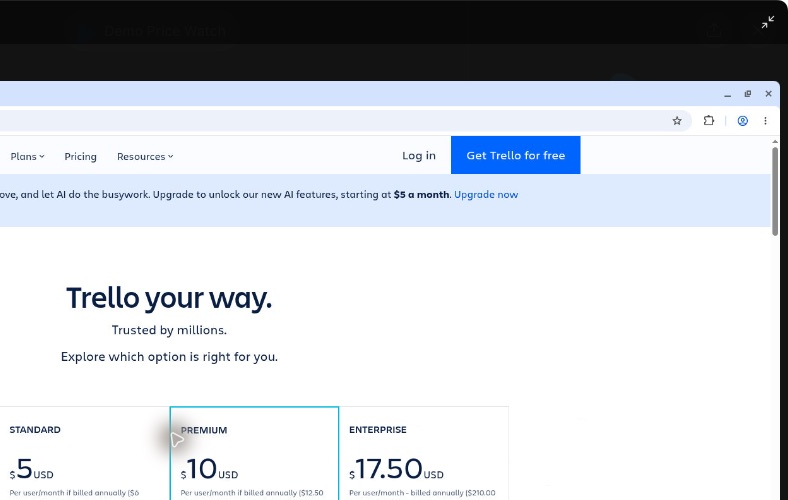 The right-hand side of the Bot's desktop, filling the app window: a Chrome browser showing a pricing page with the heading Trello your way and three plans, Standard at $5, Premium at $10 and Enterprise at $17.50. A small Exit fullscreen button sits at the top right corner of the window