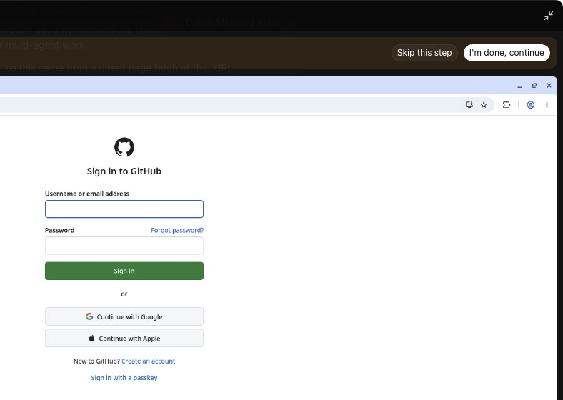 The right-hand side of the Bot's screen after Take over. A bar across the top holds two buttons, Skip this step and I'm done, continue. Under it, the Bot's Chrome browser shows GitHub's sign-in form, with a Username or email address field, a Password field and a Sign in button, all empty