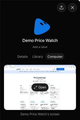 The details panel for a Bot called Demo Price Watch, on its Computer tab. A tile shows a small picture of a web page with an Open button over it, captioned Demo Price Watch's screen