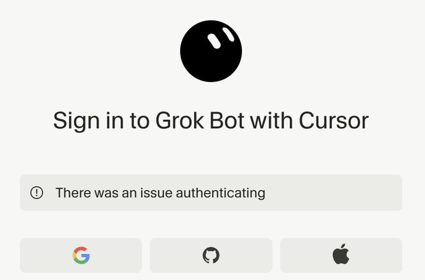 A browser page headed Sign in to Grok Bot with Cursor. A grey notice under the heading reads There was an issue authenticating, above three sign-in buttons for Google, GitHub and Apple