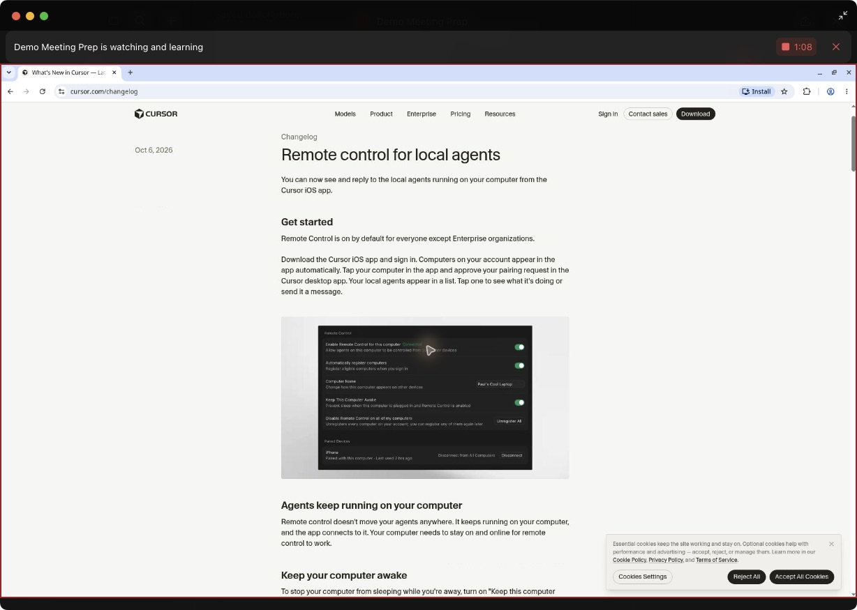 The Bot's desktop with a red outline. Chrome is open on a public changelog page, and the bar above it reads Demo Meeting Prep is watching and learning, with a square stop button and a timer at 1:08 at the top right