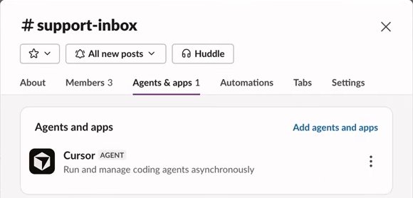 The details window of a Slack channel named support-inbox, open on its Agents and apps tab. Under Agents and apps, one entry: Cursor, tagged AGENT. An Add agents and apps link sits at the right