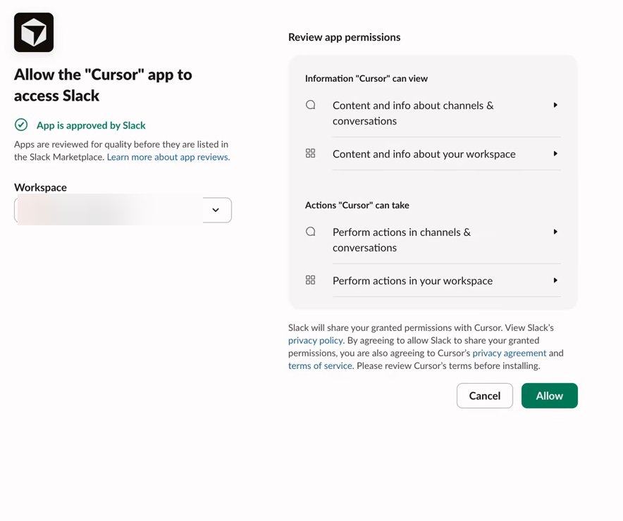 Slack's permission page. On the left: Allow the Cursor app to access Slack, App is approved by Slack, and a Workspace menu whose name is blurred. On the right, under Review app permissions, what Cursor can view and what it can do, in channels and conversations and in the workspace. Cancel and Allow buttons at the bottom