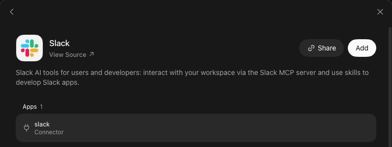 The top of the Slack plugin's page in Connect Apps. Beside the Slack logo are a View Source link, a Share button and an Add button. Under Apps, one row reads slack, Connector