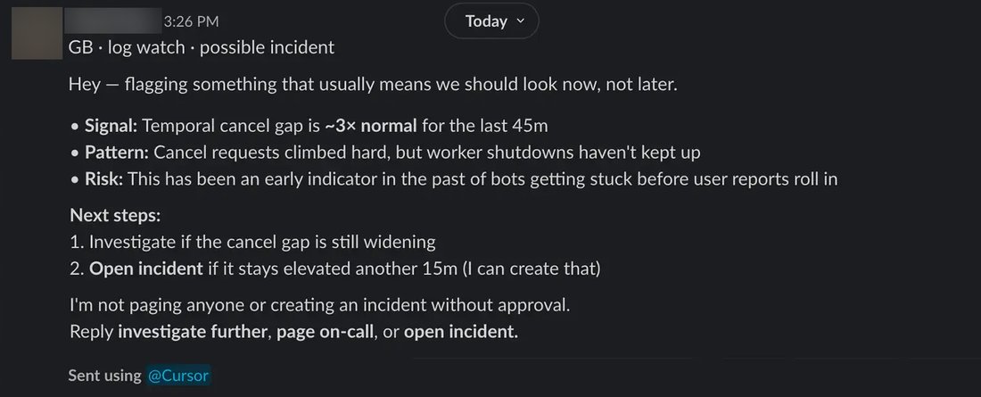 A message in a Slack channel. The sender's picture and name are blurred. The message flags a possible incident, lists a signal, a pattern and a risk, and ends by saying it won't page anyone without approval. Under it, a footer reads Sent using @Cursor