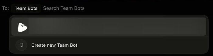 The Team Bots list in New chat. A search box reads Search Team Bots. One existing Team Bot is blurred, and under it is a row that reads Create new Team Bot