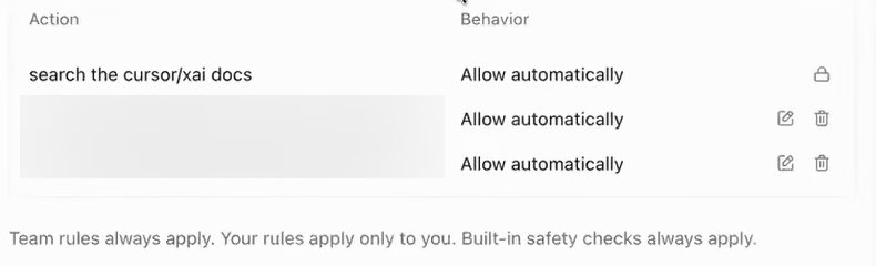 A list of Auto-review rules in Grok Bot's settings on a team account, with Action and Behavior columns. The first rule ends in a lock icon. The next two, whose text is blurred, end in edit and delete icons. Under the list: Team rules always apply. Your rules apply only to you. Built-in safety checks always apply