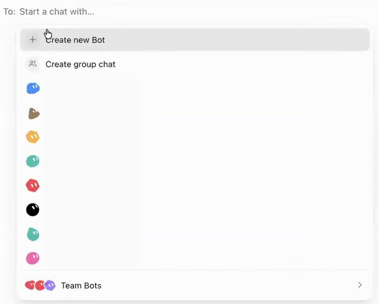 The New chat list on a Cursor Teams account. Under To: Start a chat with, it lists Create new Bot, Create group chat, eight Bots whose names are blurred, and at the bottom a Team Bots row with an arrow