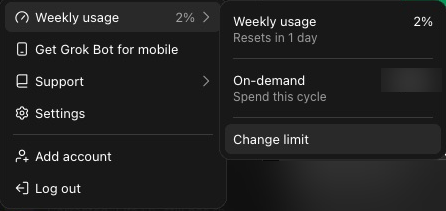 The account menu with Weekly usage at 2 percent at the top, then Get Grok Bot for mobile, Support, Settings, Add account and Log out. A panel beside it shows Weekly usage, Resets in 1 day, 2 percent, then On-demand, Spend this cycle, and Change limit