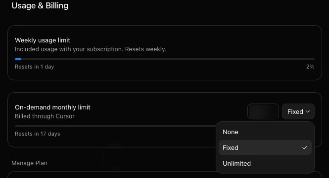 The Usage and Billing page of Settings. A Weekly usage limit card shows a bar, Resets in 1 day and 2 percent. Under it the On-demand monthly limit card, marked Billed through Cursor, has an amount box and a menu open on three choices: None, Fixed, which is ticked, and Unlimited